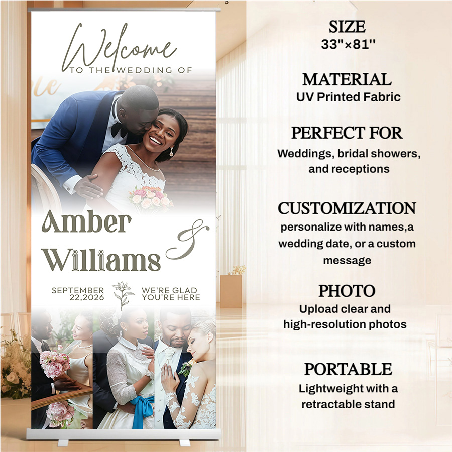 Customized wedding retractable banners - personalized photo wedding welcome signs, reception decorations and background curtains